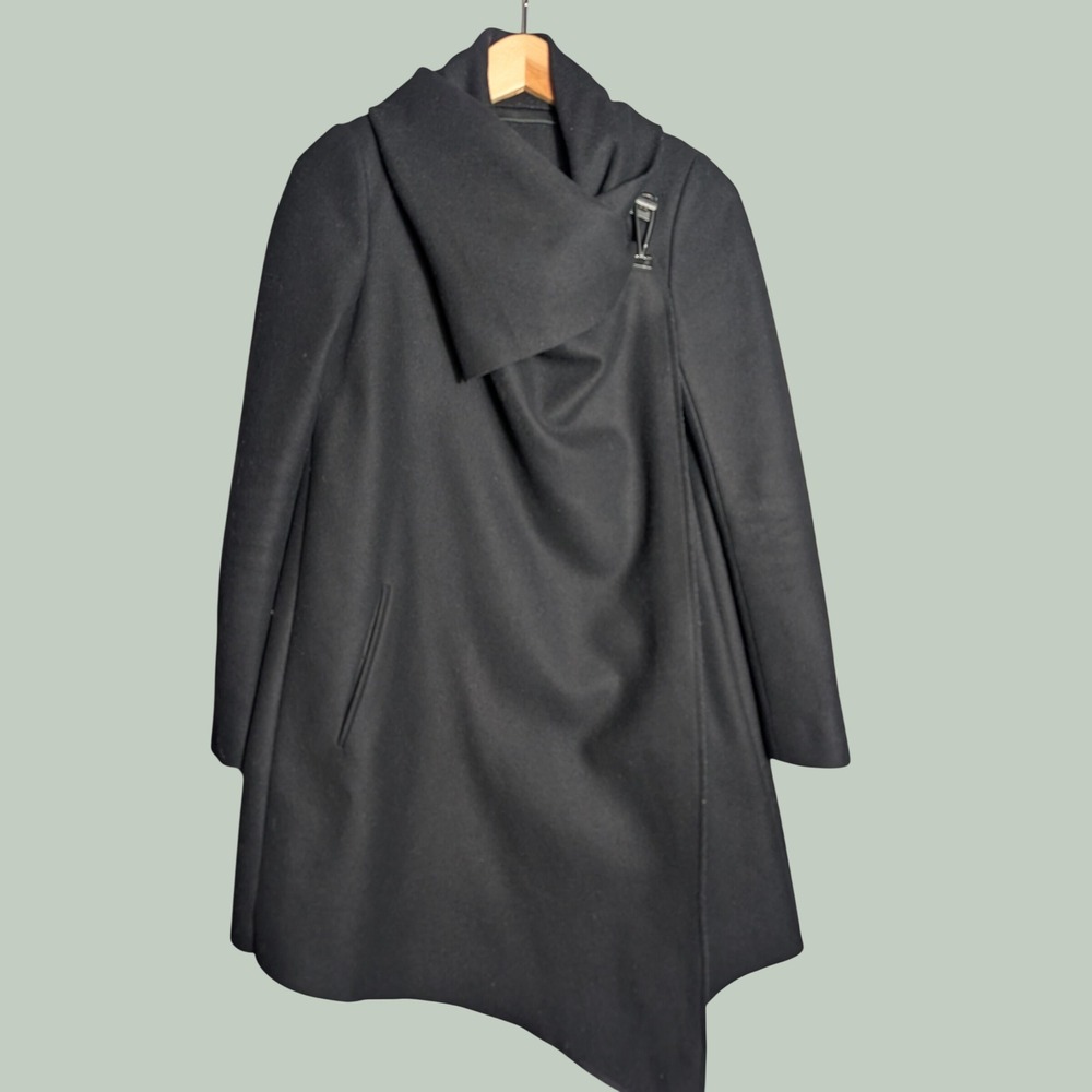 AllSaints Monument Coat Black Asymmetrical Wool Blend Drape Front Women 0 Edgy